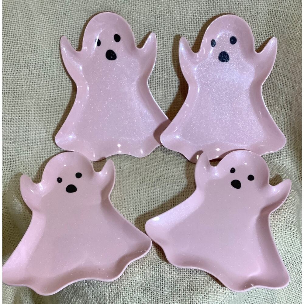 NEW 4 SPOOKY NIGHT pink iridescent GHOST melamine appetizer plates
